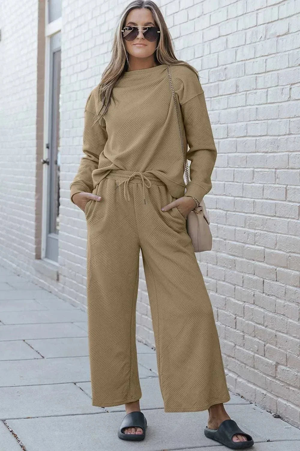 Double Take Full Size Textured Long Sleeve Top and Drawstring Pants Set - VILLA FASHION